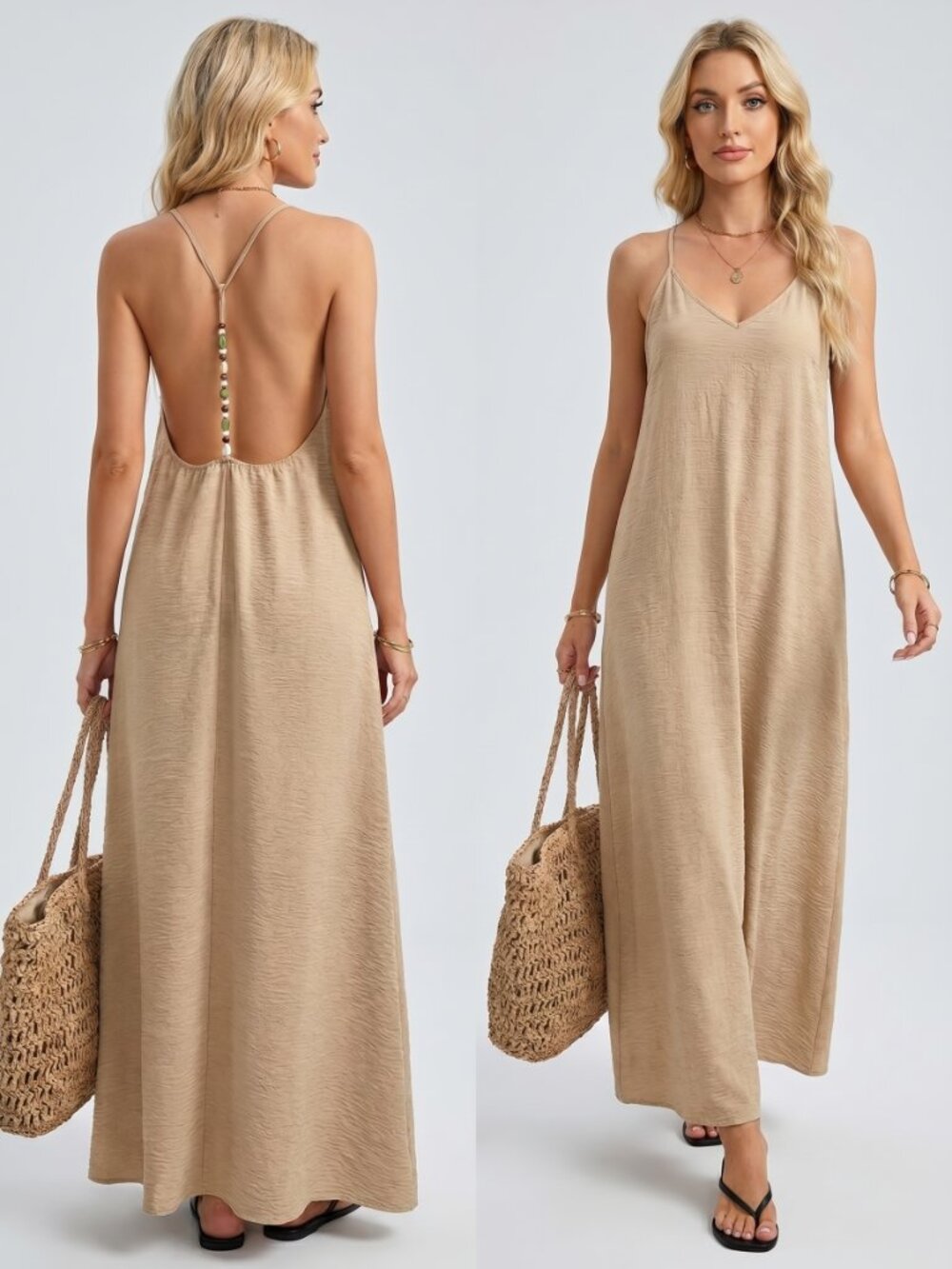 Women’s Beige Backless Maxi Dress Spaghetti Strap Boho Beach Vacation Chic - Picture 2 of 4